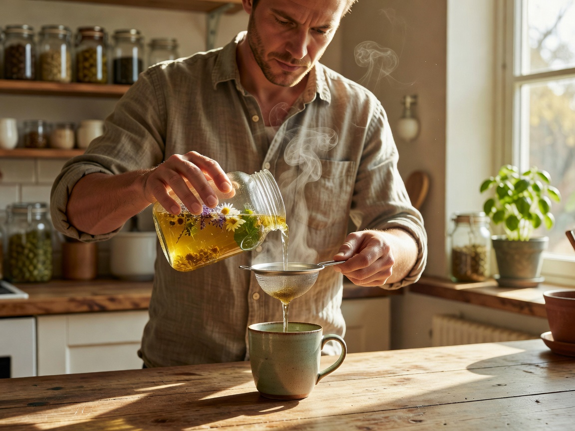 A person straining an herbal infusion into a cup in a naturally lit kitchen