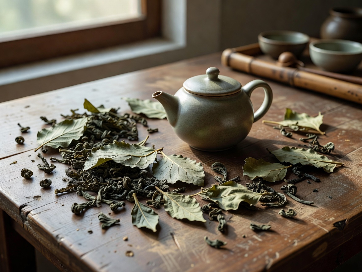 Tea leaves and a small pot arranged on a preparation table in daylight