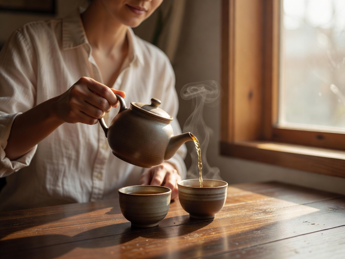 A person pouring tea into small cups beside a bright window