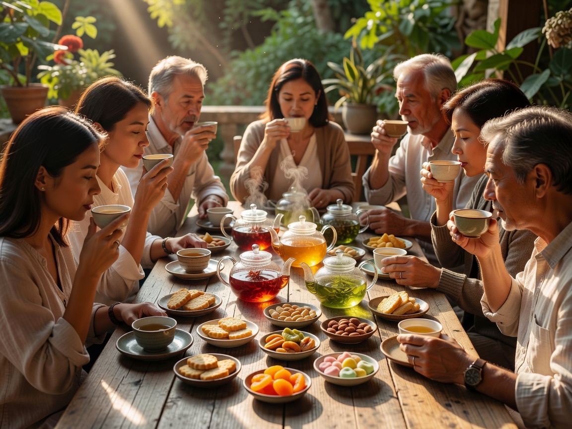 People tasting tea beside small dishes of snacks at a sunlit table